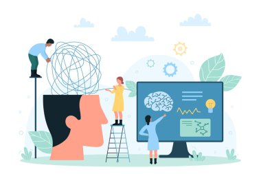 Nöroloji, bilimsel insan beyni araştırma vektörü çizimi. Çizgi filmlerdeki küçük insanlar büyük soyut kafaları laboratuvar araçlarıyla inceleyip kontrol ediyorlar. İnceleme ve bilim insanlarının hastane analizleri.