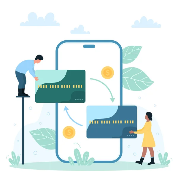 Online Geldoverdracht Transactiedienst Mobiele Bank App Vector Illustratie Cartoon Kleine — Stockvector