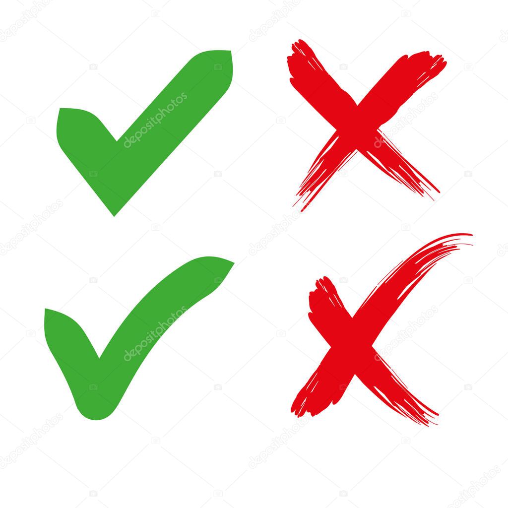 Simple web icon buttons. Set of simple web buttons, symbols. Red cross. icon no, reject, cancel, reject, denial. Green check mark icon yes, acceptance, consent, ok. For documents, voting, selection