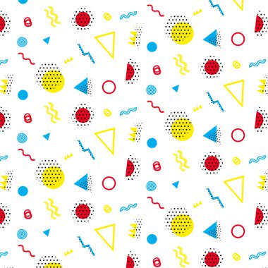 Beyaz arka planda Memphis modeli 80 'ler-90' lar tarzı. Memphis tarzı moda. Renkli geometrik desen farklı şekiller, farklı renk biçimi. Kapak tasarımı, soyut desen, hipster modası..