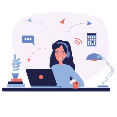 Kulaklık takan genç bir kadın ve dizüstü bilgisayarı olan bir mikrofon. Müşteri hizmetleri, yardım ve çağrı merkezi için illüstrasyon kavramı. Çevrimiçi müşteri desteği ve yardım masası. Çizgi film illüstrasyonu