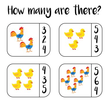 Eğitici matematik çocuk oyunlarını, çocuk aktivitelerini sayıyorum. Kaç nesne görevi. Matematik öğrenmek, sayılar, toplama teması. Yazdırılabilir çalışma tablosu.