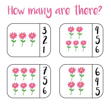 Eğitici matematik çocuk oyunlarını, çocuk aktivitelerini sayıyorum. Kaç nesne görevi. Matematik öğrenmek, sayılar, toplama teması. Yazdırılabilir çalışma tablosu.