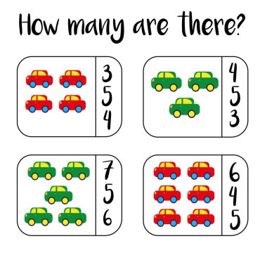 Eğitici matematik çocuk oyunlarını, çocuk aktivitelerini sayıyorum. Kaç nesne görevi. Matematik öğrenmek, sayılar, toplama teması. Yazdırılabilir çalışma tablosu.