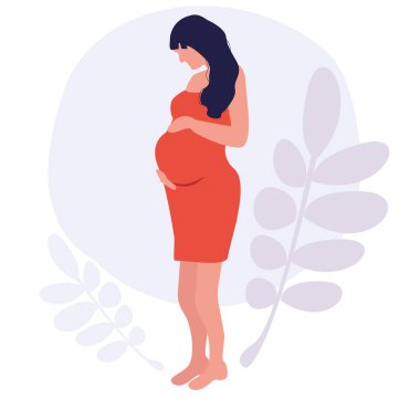 Karnındaki kadını tutarak mutlu bir hamile. Logo modern düz tasarım çizimi. Hamilelik kaynakları. Aktif, hamile bir kadın karakteri. Mutlu hamilelik karikatürü çizimleri