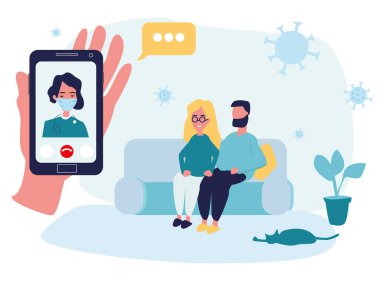 Online video danışmanlığı, doktorların tavsiyeleri. Uzaktan tedavi. Akıllı telefondan tıbbi başvuru. İnternet sohbeti. Kocasıyla birlikte evde bir kadın. İç mekan. Düz çizgi film tarzı. Vektör