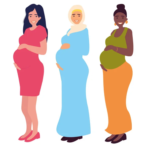 Set Different Happy Pregnant Women Dress Hijab African American Arab — Stock Vector