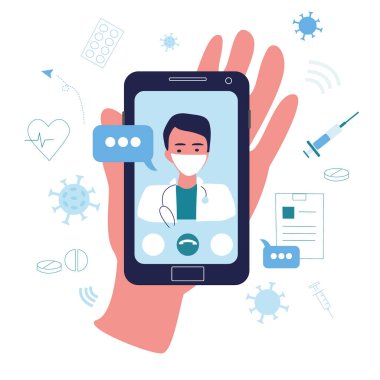 Doktor konseptiyle çevrimiçi danışmanlık. Uzaktan tıbbi tedavi. Dijital teknolojinin sağlık hizmeti konsepti. Smartphone ya da Bilgisayar aracılığıyla danışmanlık ve tedavi. İzole düz illüstrasyon