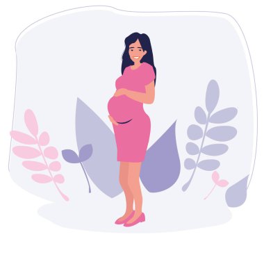 Karnındaki kadını tutarak mutlu bir hamile. Logo modern düz tasarım çizimi. Hamilelik kaynakları. Aktif, hamile bir kadın karakteri. Mutlu hamilelik karikatürü çizimleri