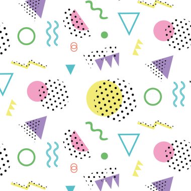 Kırmızı arka planda Memphis modeli 80 'ler-90' lar tarzı. Memphis tarzı moda. Renkli geometrik desen farklı şekiller, farklı renk biçimi. Kapak tasarımı, soyut desen, hipster modası..