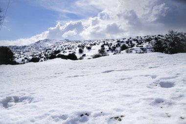 Pristine snow, hiking paths and trails at over 2000 m altitude on Psiloritis mountain frozen heights. Heraklion, Crete Greece