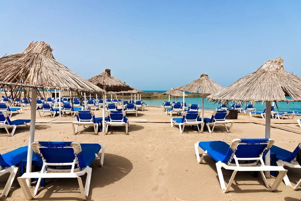 Plage vide avec chaises longues, chaises longues, parasols en paille et ciel bleu. Destination de vacances d'été en Méditerranée, Héraklion, Crète, Grèce. — Photo