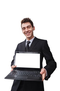 mutlu bir işadamı ile bir laptop