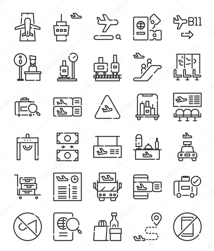 set of simple line airport icons vector illustration