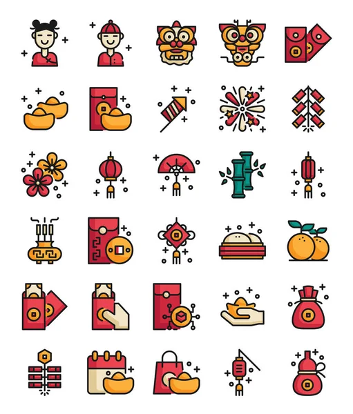 Chinese New Year Filled Outline Icon Set Vector Illustration — 스톡 벡터