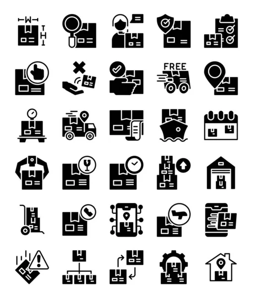 Set Packaging Delivery Glyph Solid Silhouette Web Icons Vector Illustration — Stock Vector