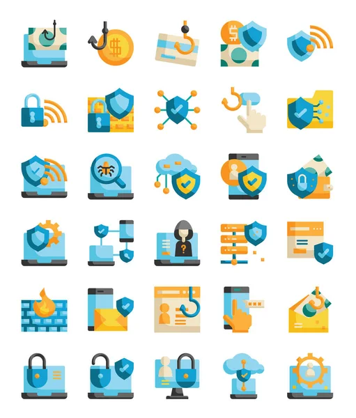 Cyber Security Netwerk Technologie Platte Pictogrammen Set Vector Illustratie — Stockvector