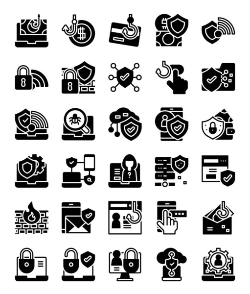 Cyber Security Network Technology Solid Silhouette Glyph Icons Set Vector — Stock Vector