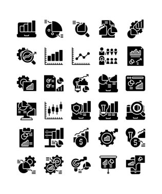 veri analizleri iş organizasyonunun katı glyph simgesi set vektör illüstrasyonunu raporlar