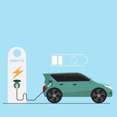 elektrikli araç her araba şarj istasyonu konsepti vektör çizimi düz tasarım