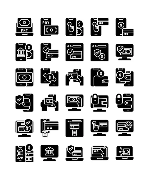 Online Zahlung Silhouette Schwarz Solide Glyphen Icon Pack Vektor Illustration — Stockvektor