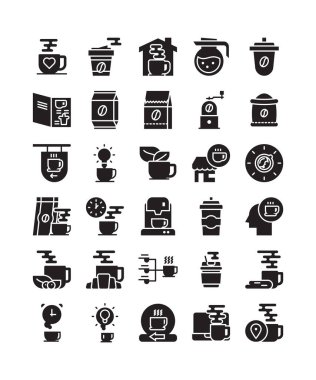 set of coffee black silhouette solid glyph web icon design vector illustration