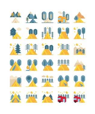 camping, campground flat icon set vector illustration
