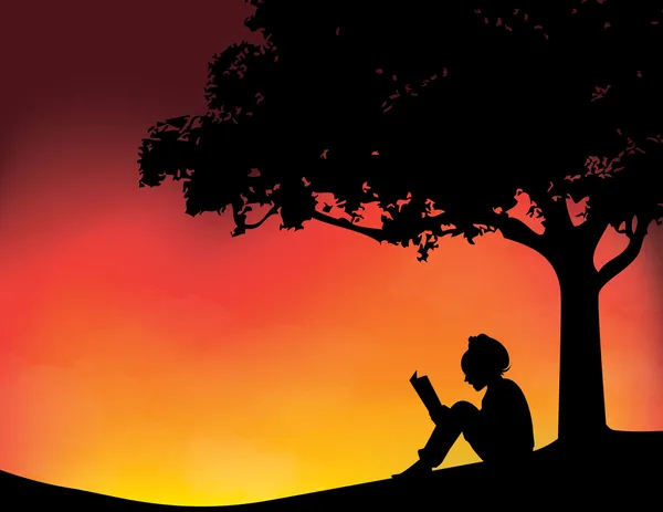 Chica joven leyendo en la ilustración del vector de fondo puesta de sol — Vector de stock