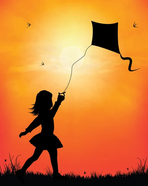 Girl flying kite in sunset background vector illustration — Stock Vector