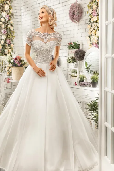 The beautiful  woman posing in a wedding dress