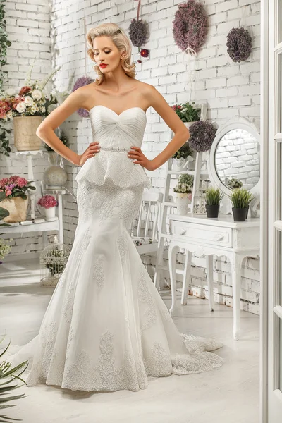 The beautiful  woman posing in a wedding dress — Stock Photo, Image