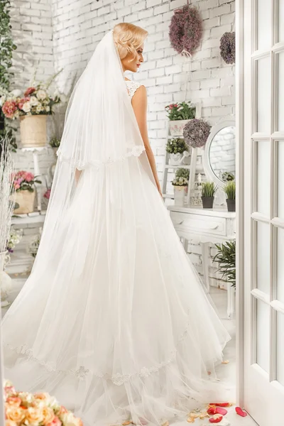The beautiful  woman posing in a wedding dress — Stok fotoğraf