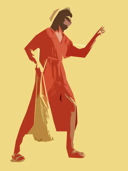 Chica sobre un fondo amarillo en un vestido rojo, sombrero y con una bolsa en las manos — Foto de Stock
