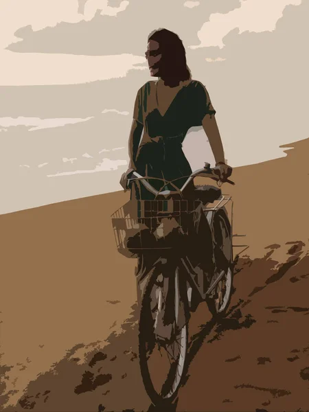 ผู้หญิงเดินบนชายหาดกับจักรยาน — ภาพถ่ายสต็อก