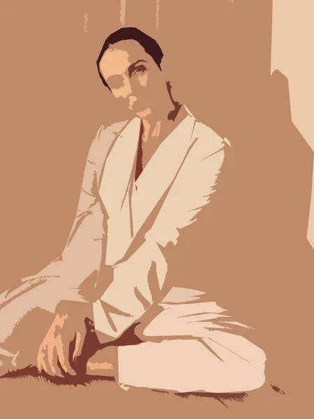 Žena v bílém obleku sedí na podlaze na světlém pozadí — Stock fotografie