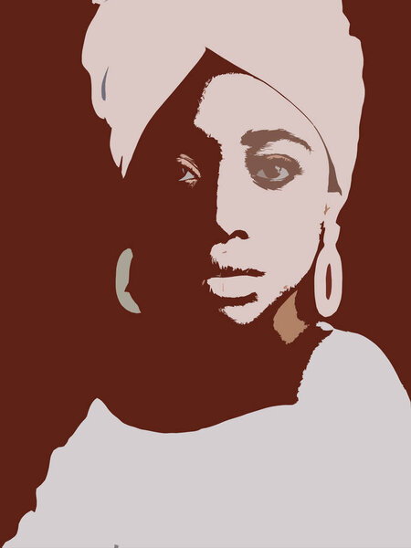 Beauty portrait of young woman dressed in white head tie, white dress and big earrings. Dark red background. Royalty Free Stock Photos