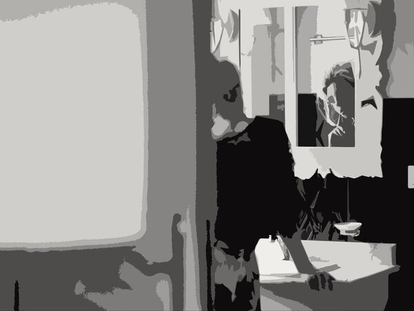 Beautiful girl in a black dress stands at the door in the bathroom looking in the mirror hands put on the sink. Photo in black and white Stock Picture