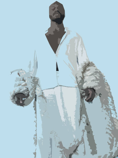 Dark-skinned man on a blue background dressed in white clothes holding ropes Stock Photo