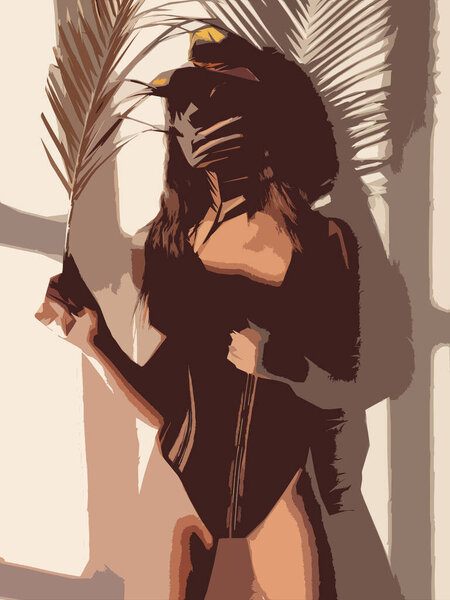 The girl with a beautiful body stands at a light wall dressed in a bodysuit. On it the shadow from a palm branch which she holds in hands falls. Stock Photo