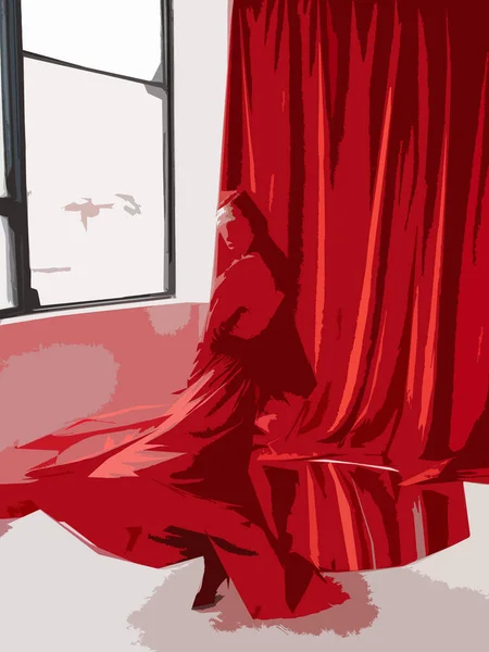 Silhouette di una ragazza vestita con un vestito rosso. Che sta vicino alla finestra.Dietro il suo sfondo rosso. Foto Stock Royalty Free