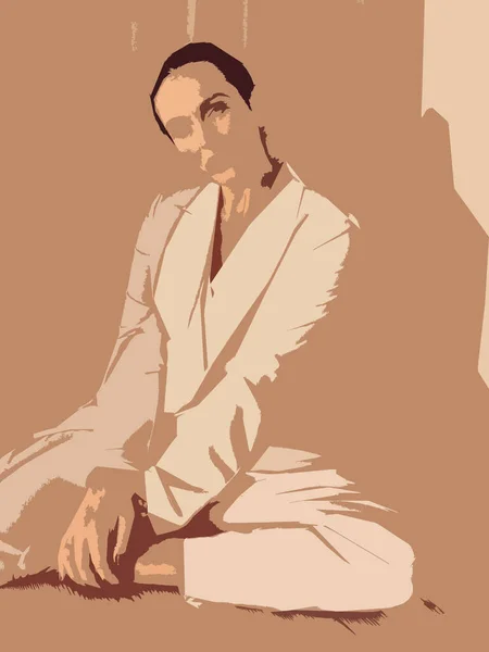 Woman in a white suit sitting on the floor on a light background Stock Image