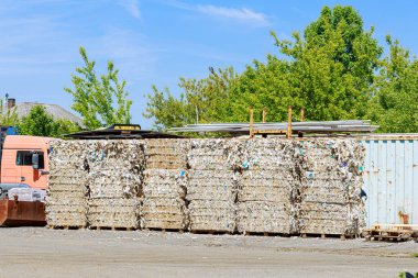 Atık kağıt fabrikanın bahçesinde. Atık kağıt geri dönüşümü.