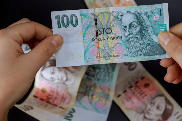 Girl Holds Crown Her Hands Background Crowns Czech Money European — Stock Photo, Image