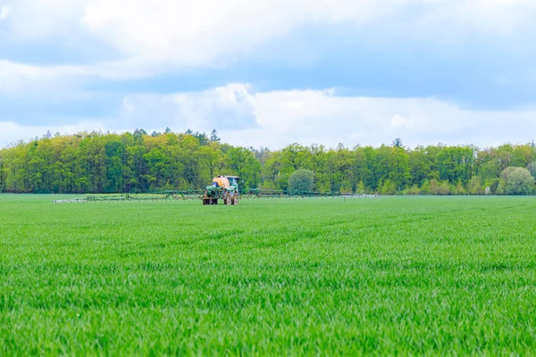 Ein Grüner Traktor Versprüht Weizen Mit Dünger Für Pflanzenwachstum — Stockfoto