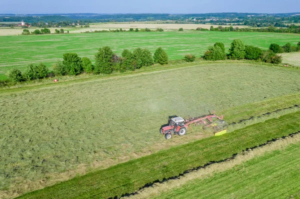 Disk tırmığıyla sıra sıra saman toplayan bir traktörün hava görüntüsü. Çiftçi yaz mevsiminde sığır yemi depoluyor. Tarım sektörü kavramı.