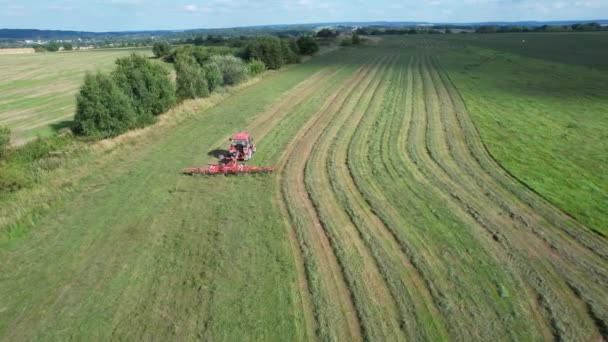 The farmer turns the grass with a hay rake attached to the tractor. Shot from a height. — Stock Video
