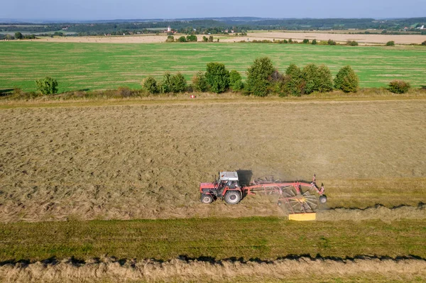 Tractor Crea Rollos Hierba Seca Para Posterior Recolección Heno Fardos — Foto de Stock