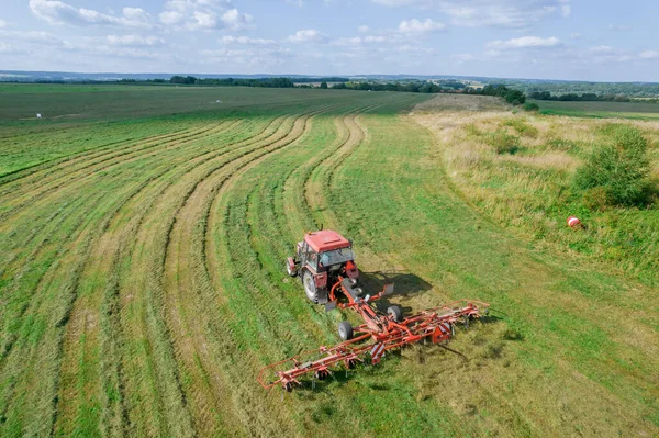 Un tractor rojo rastrilla la hierba cortada para secarla. Equipamiento moderno en el campo. — Foto de Stock
