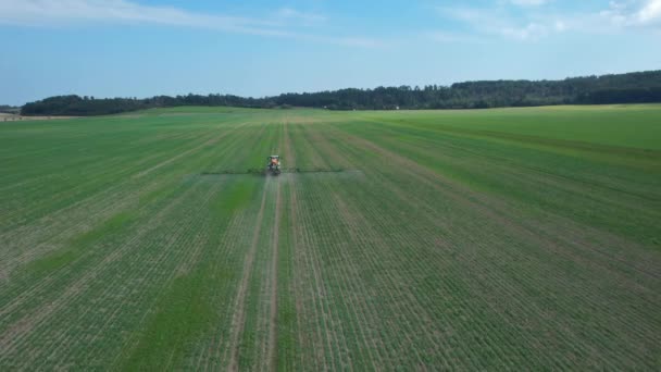 Egy Traktor Átmegy Mezőn Trágyát Permetezve Ültetvényen Lévő Mezőgazdasági Növényekre — Stock videók