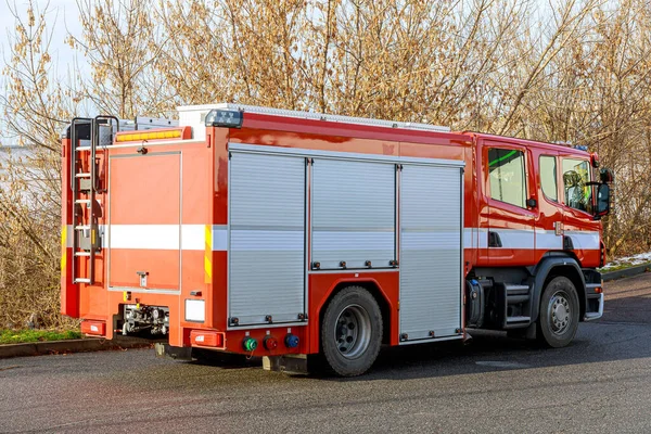 Camion Incendie Sur Route Extincteurs Modernes Agents Extincteurs — Photo